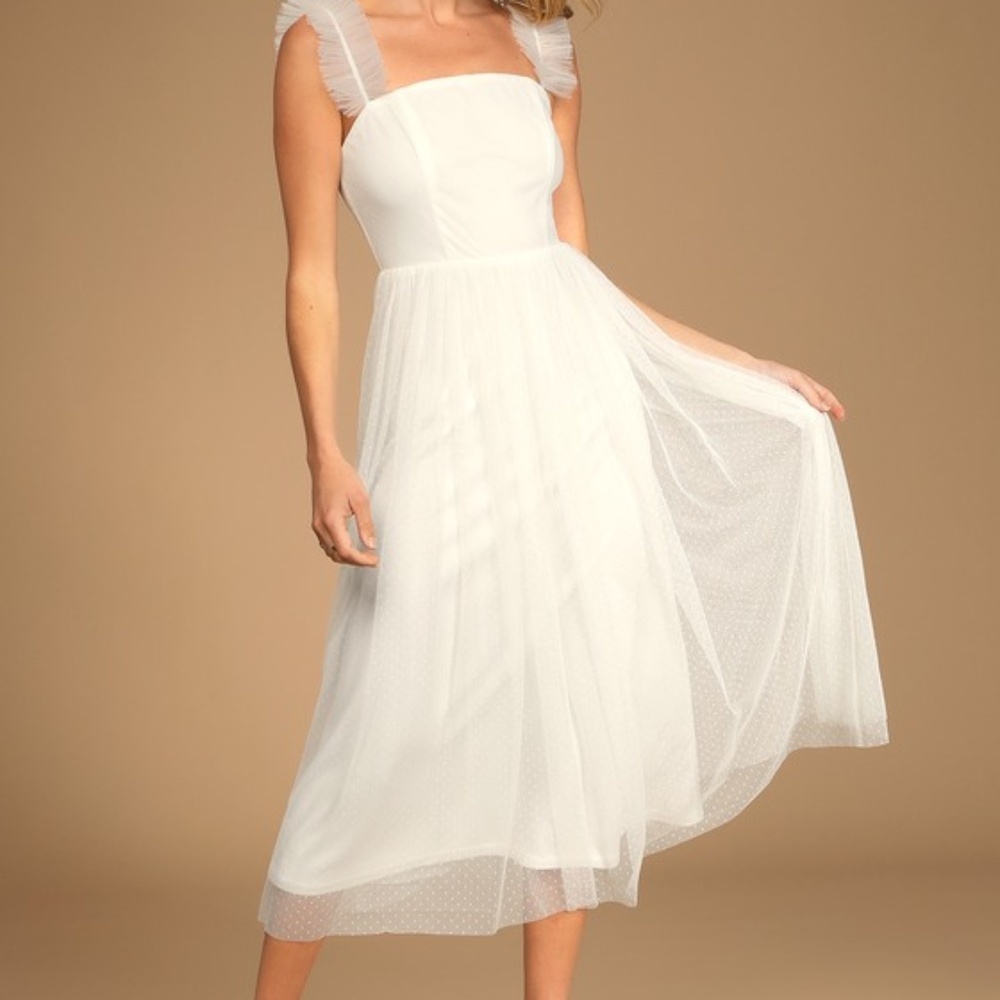 Lulus Divine Invitation White Tulle Swiss Dot Ruffled Midi Dress - Size M